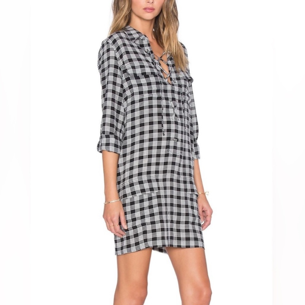 Equipment Femme Knox Plaid Black White Silk Long Sleeve Silk Shirt Dress XS